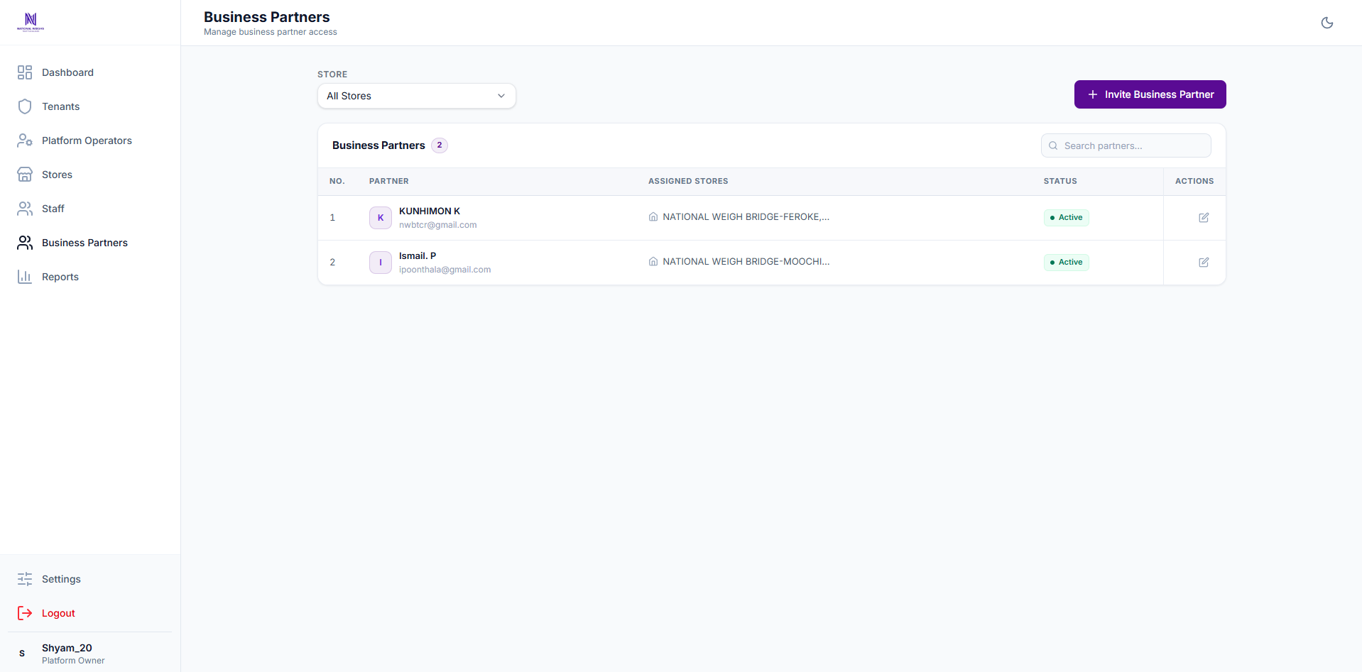Business partner list with invitations, store assignments, search and status controls