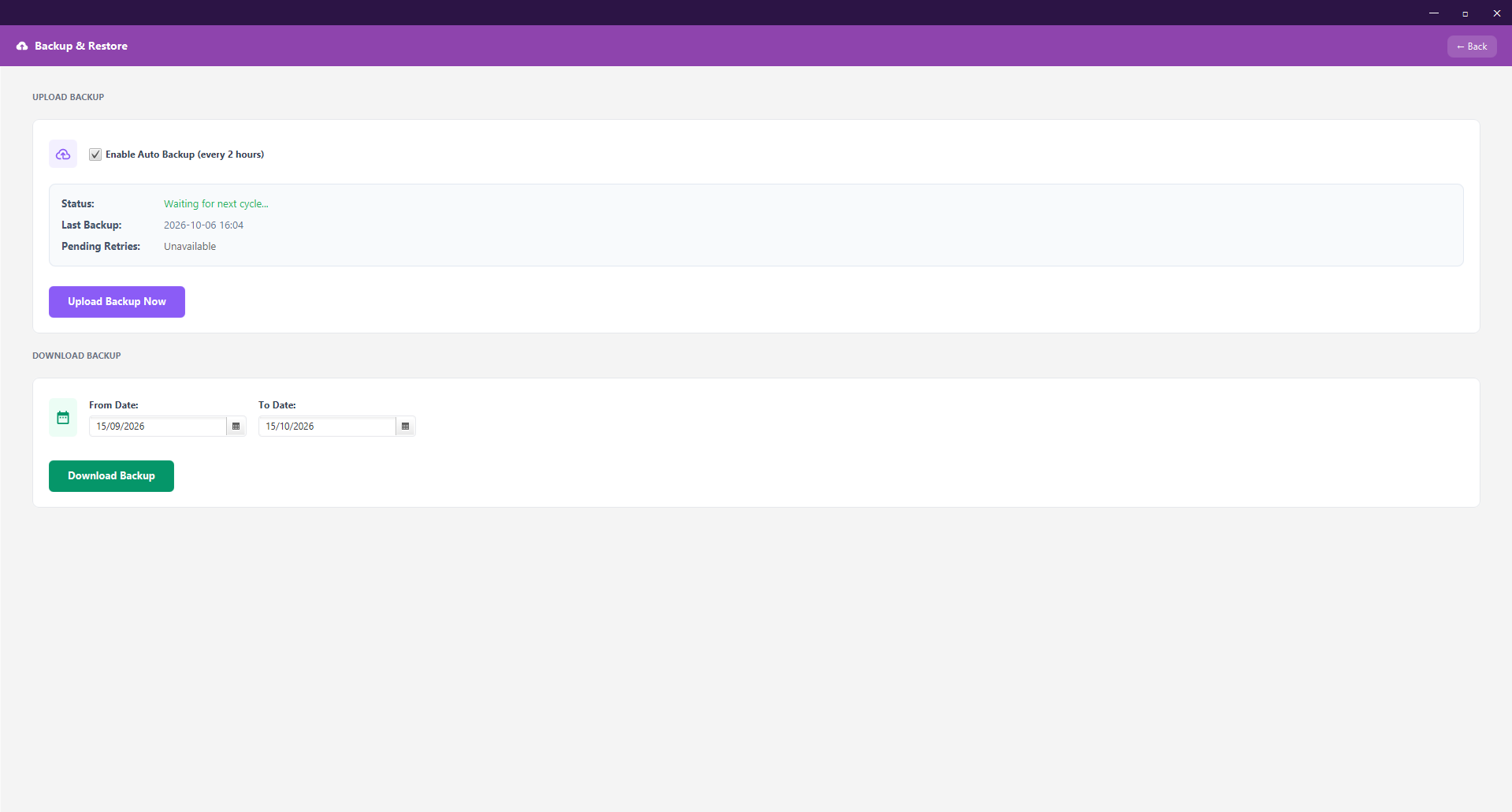Backup settings showing automatic backup, upload now and date-based backup download options