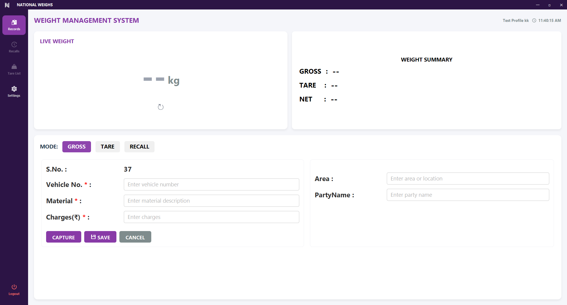 Desktop weighing workspace with live weight, gross, tare and vehicle entry fields