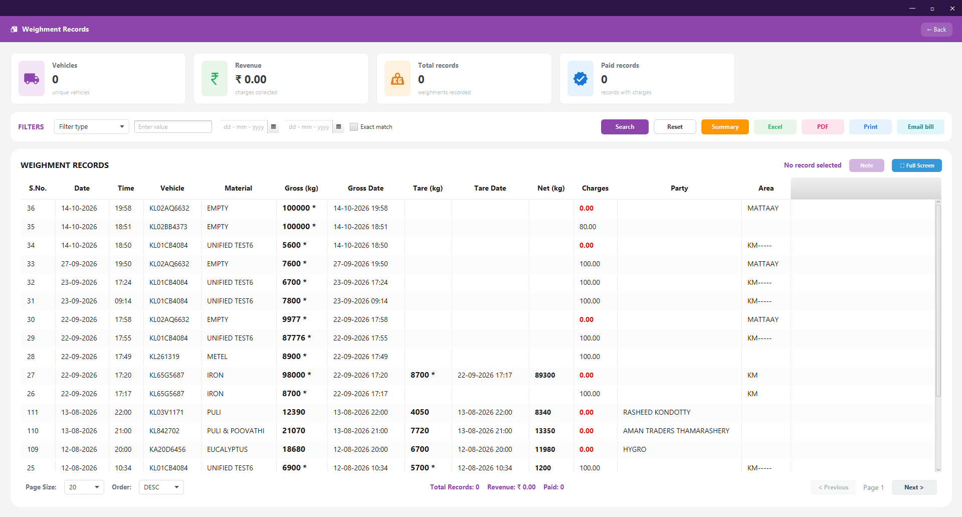 Desktop weighment reports with summary cards, date filters and Excel, PDF and print controls