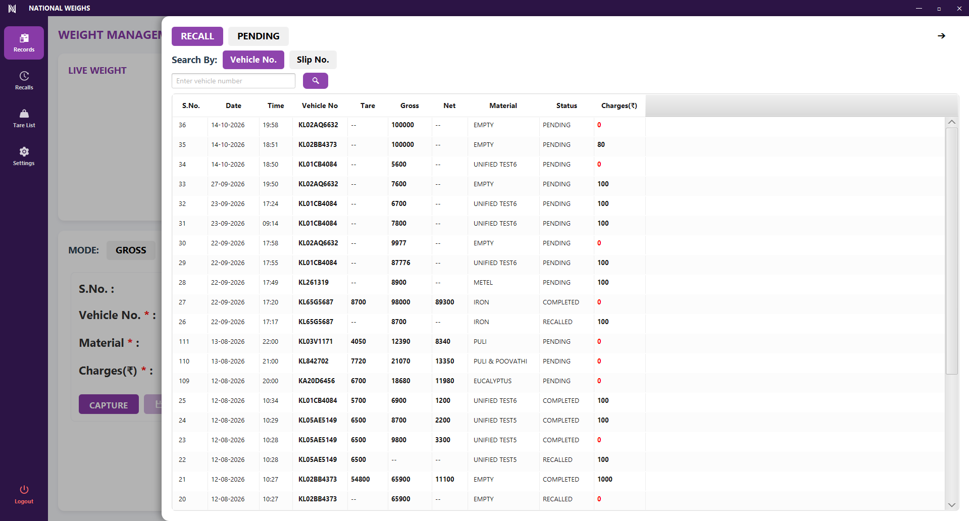 Desktop recall and pending records dialog with vehicle and slip number search