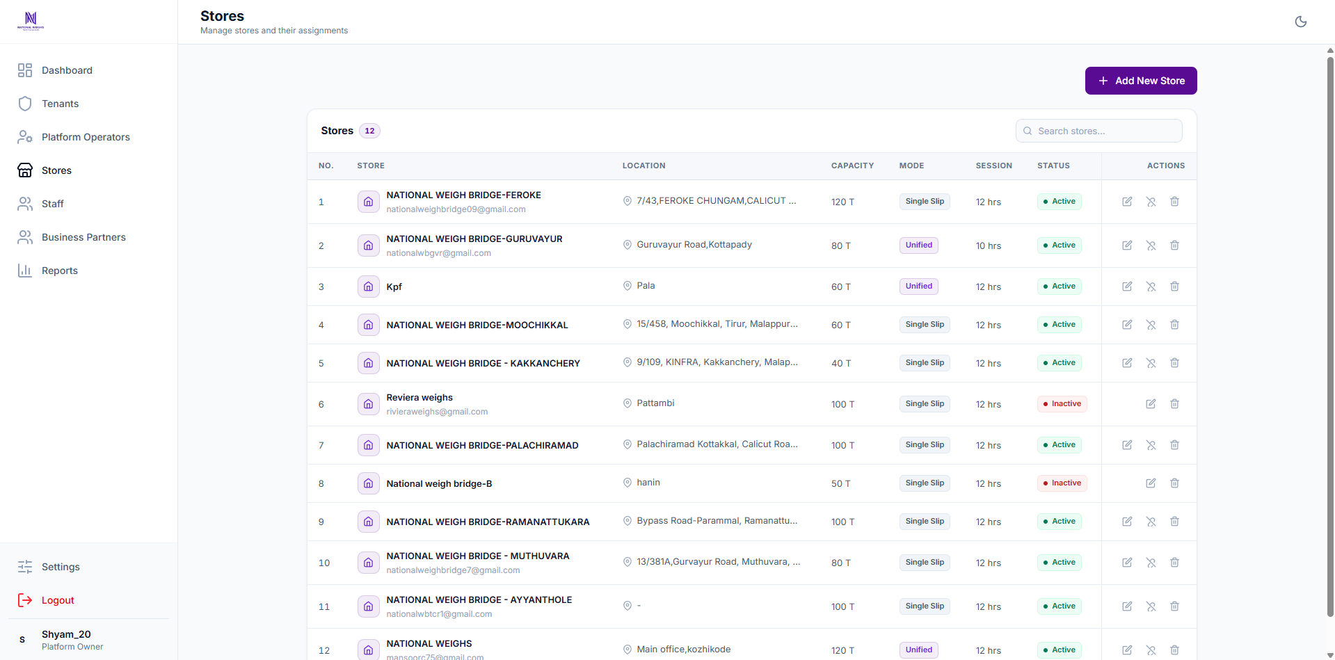 Web store list with search, location, capacity, operating mode and status columns