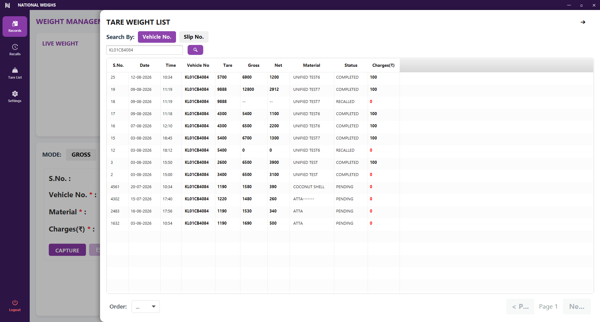 Desktop tare weight history with vehicle search, record ordering and pagination