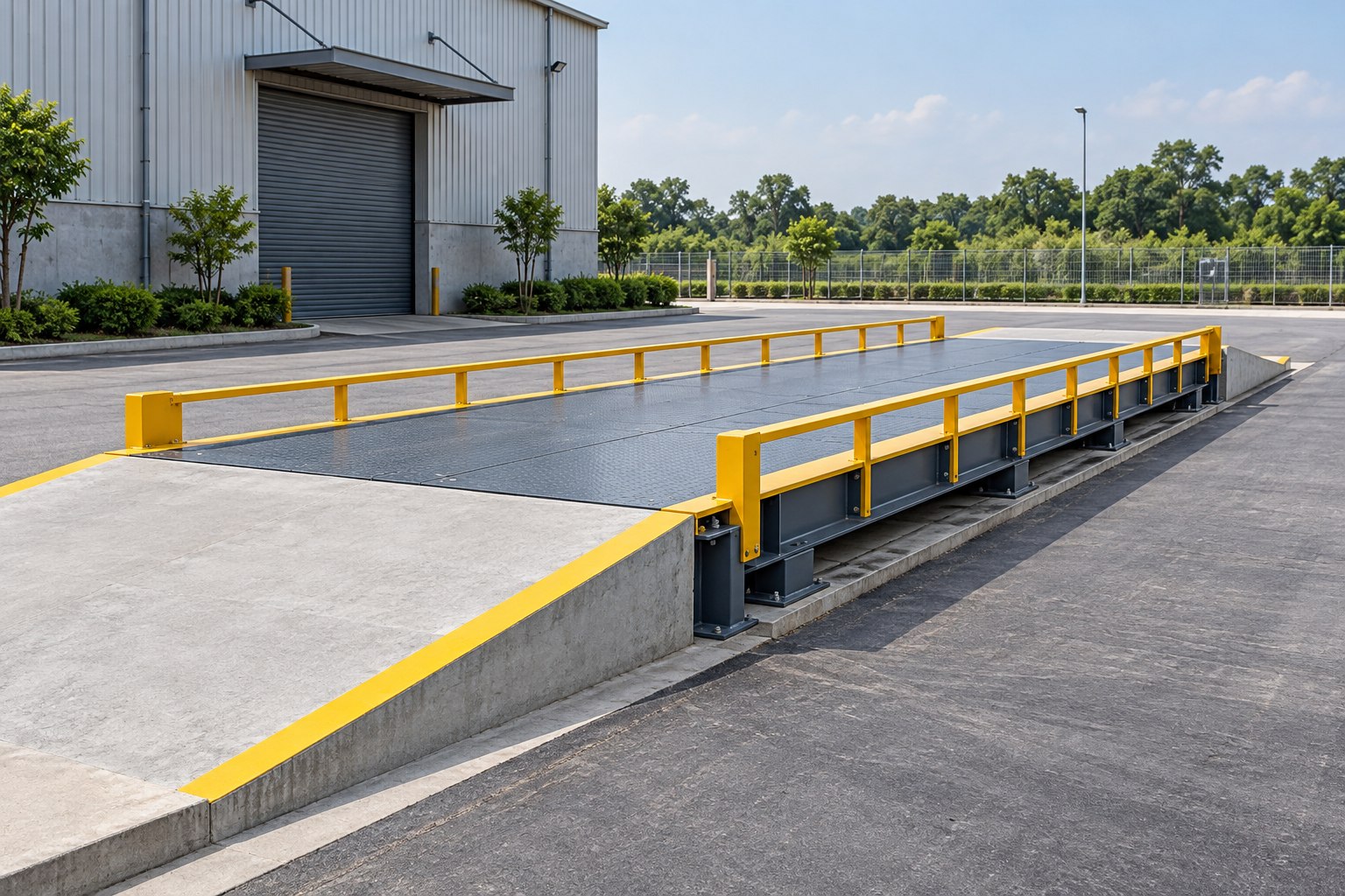Illustrative steel weighbridge with yellow safety rails and concrete approach ramps